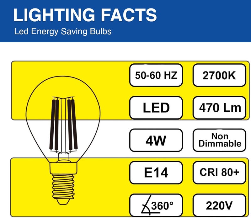 Duravel 4W LED Filament Light Bulb, E14 Base, Clear Glass Globe, 470 Lumens, 360° Beam Angle, Warm White (2 Pack) - Image 3